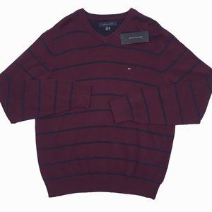 NEW Tommy Hilfiger Sweater! Maroon With Navy Stripes V Neck Tommy Flag on Chest